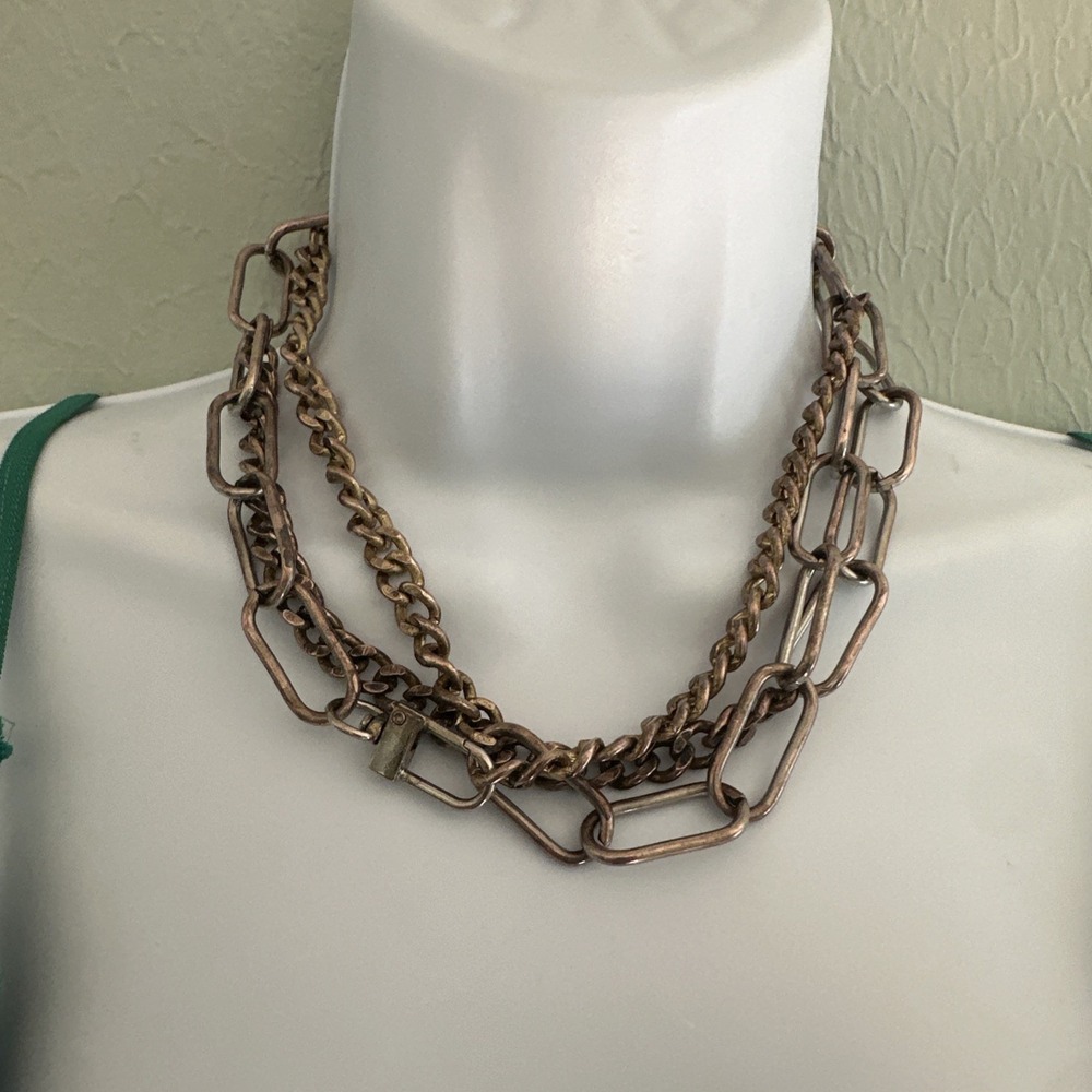 Y2K Moto Edgy Punk Three Chain Metal Necklace Choker Layered Chunky Patina